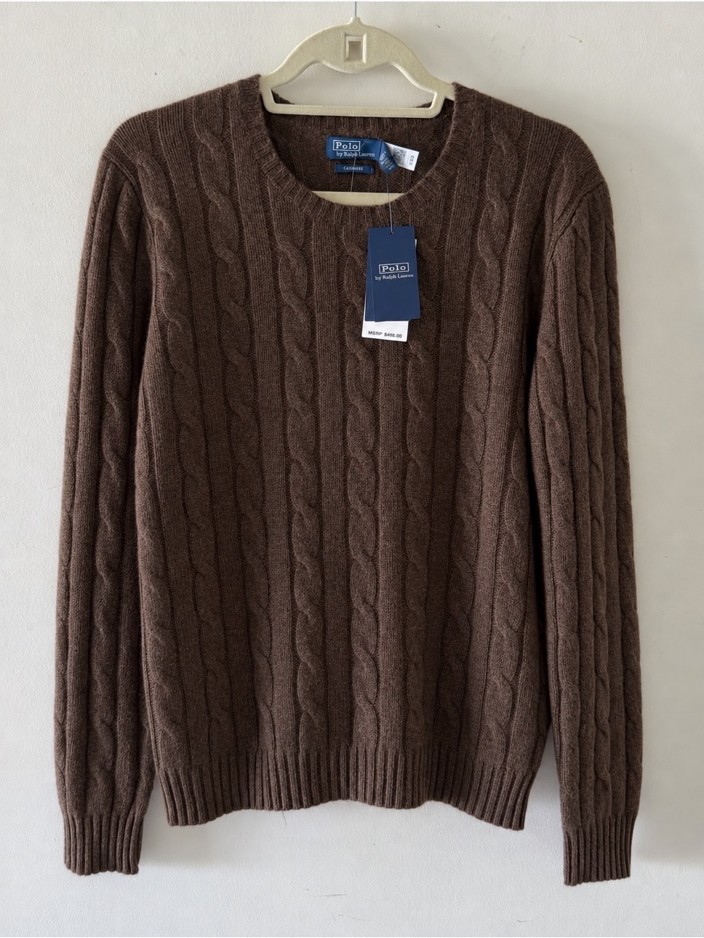 NWT Polo by Ralph Lauren Cashmere Chocolate Brown Cable Crewneck Sweater
